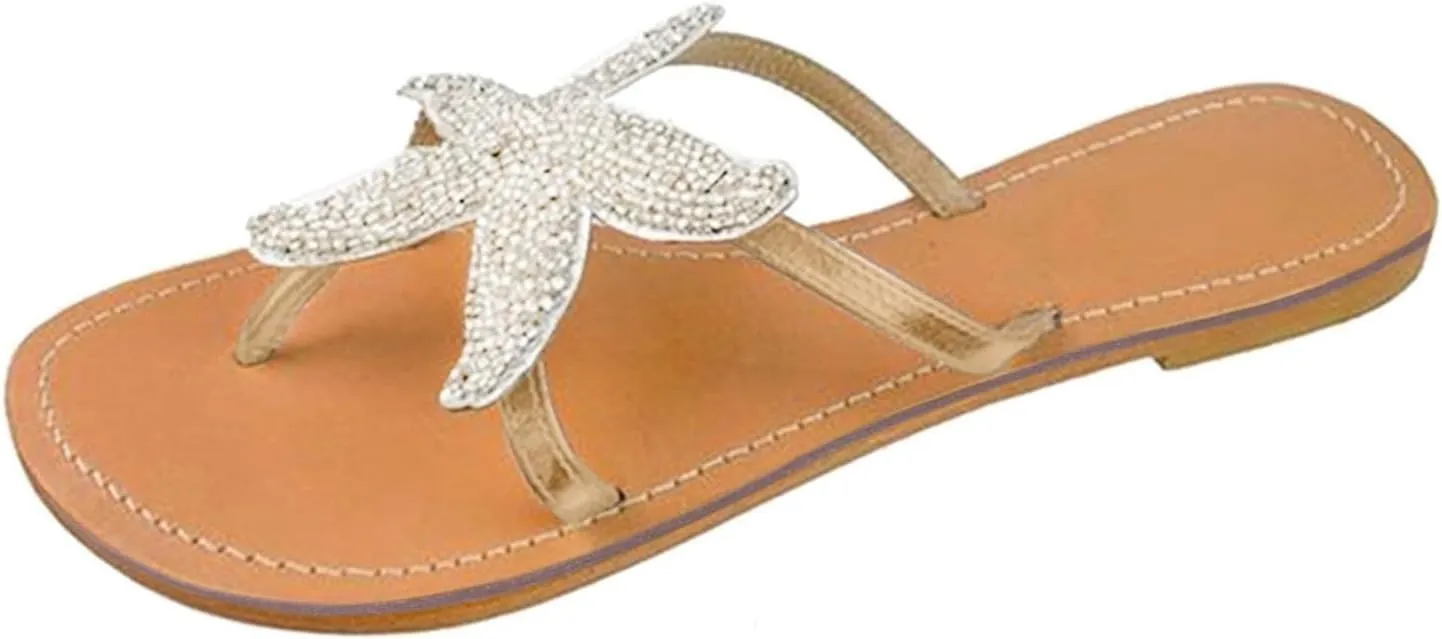 Women's Cute Starfish Clear Flats Comfortable Bohemian Sandals Open Toe Beach Sandal Casual Summer Flip Flops Dressy Slip-on Slides Outdoor Travel Slippers Pentagram Sandals