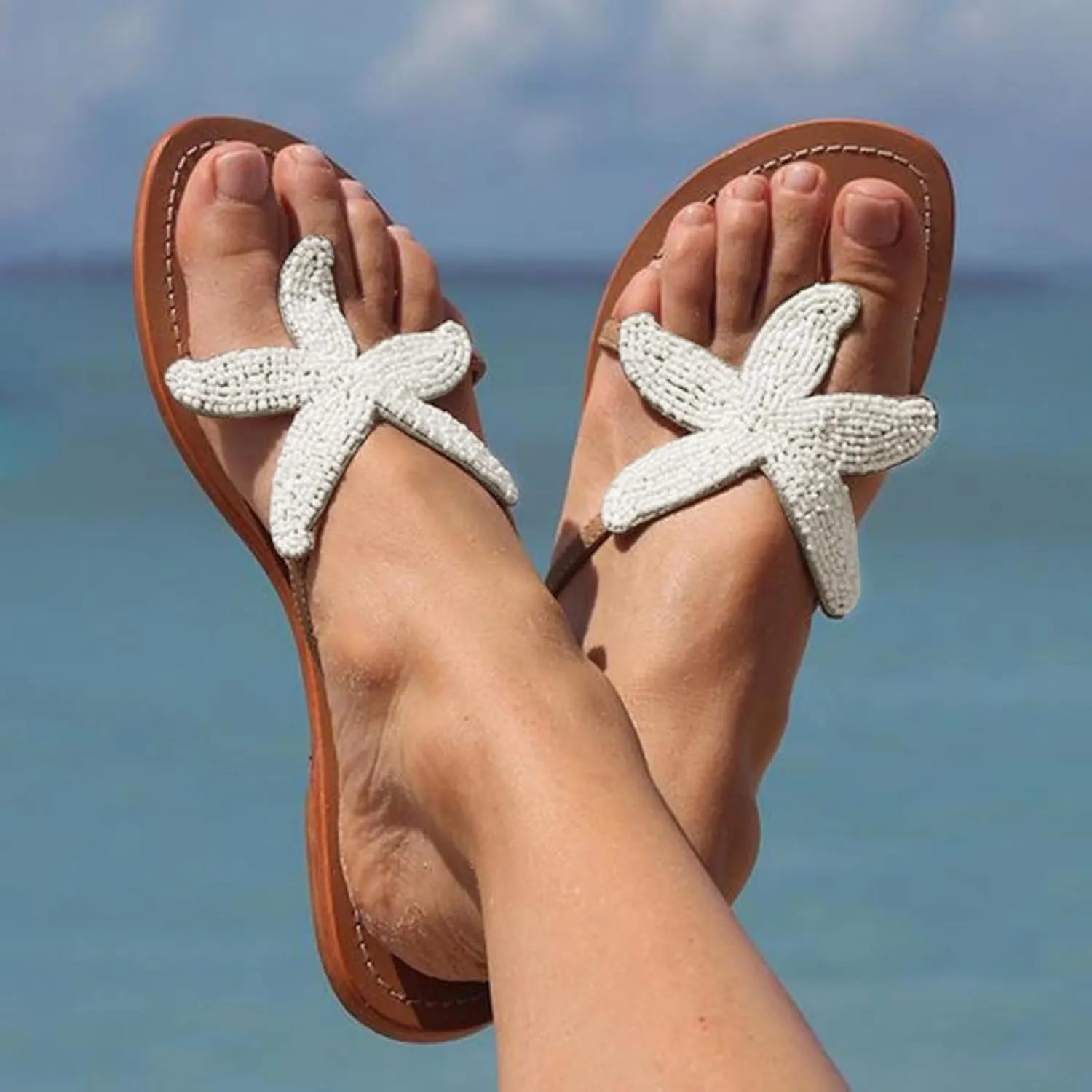 Women's Cute Starfish Clear Flats Comfortable Bohemian Sandals Open Toe Beach Sandal Casual Summer Flip Flops Dressy Slip-on Slides Outdoor Travel Slippers Pentagram Sandals