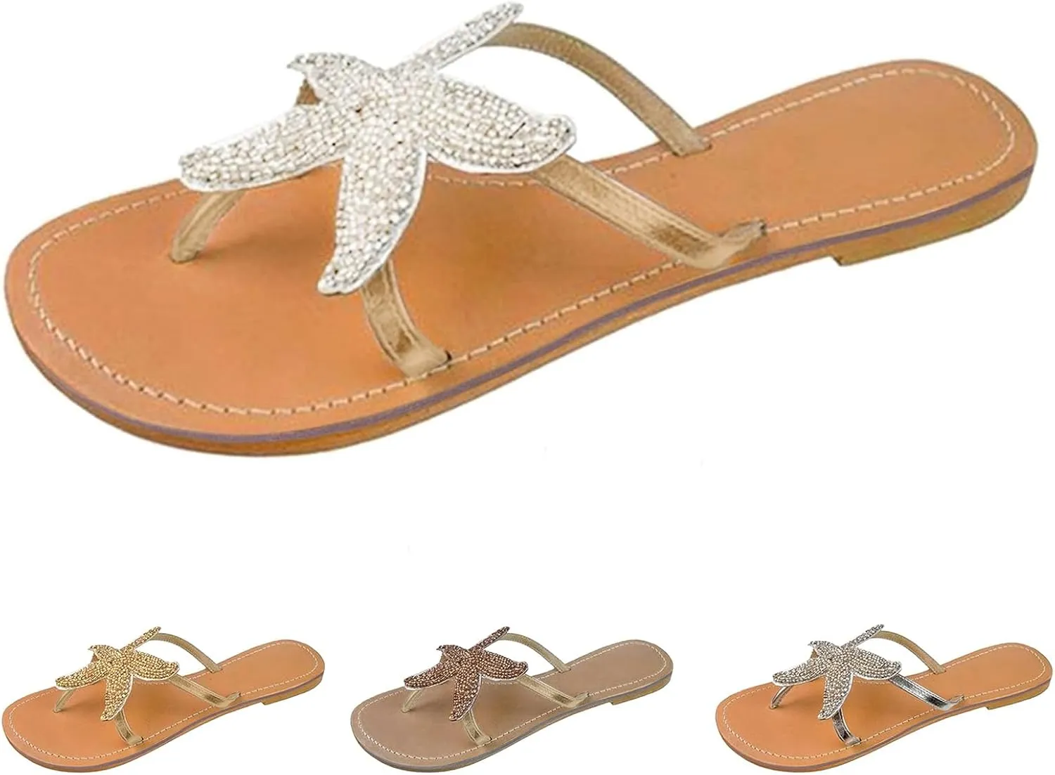 Women's Cute Starfish Clear Flats Comfortable Bohemian Sandals Open Toe Beach Sandal Casual Summer Flip Flops Dressy Slip-on Slides Outdoor Travel Slippers Pentagram Sandals