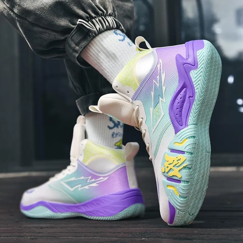 Women's Men's Lace Up High Top Basketball Shoes Lightweight Breathable Non-Slip Tennis Sneakers Fashionable Graffiti Training Shoes