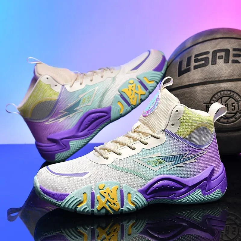 Women's Men's Lace Up High Top Basketball Shoes Lightweight Breathable Non-Slip Tennis Sneakers Fashionable Graffiti Training Shoes
