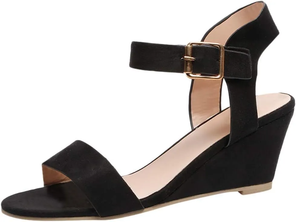ZBYY Women's Ankle Strap Low Wedge Sandal Wide Width Open Toe Strap Chunky Heel Low Platform Heel Wedge Sandals